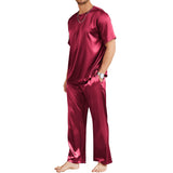 Mens Silk Pajamas with Short Sleeve Henley Top and Full Length Pants Claret S