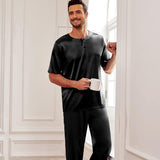 Mens Silk Pajamas with Short Sleeve Henley Top and Full Length Pants Black S