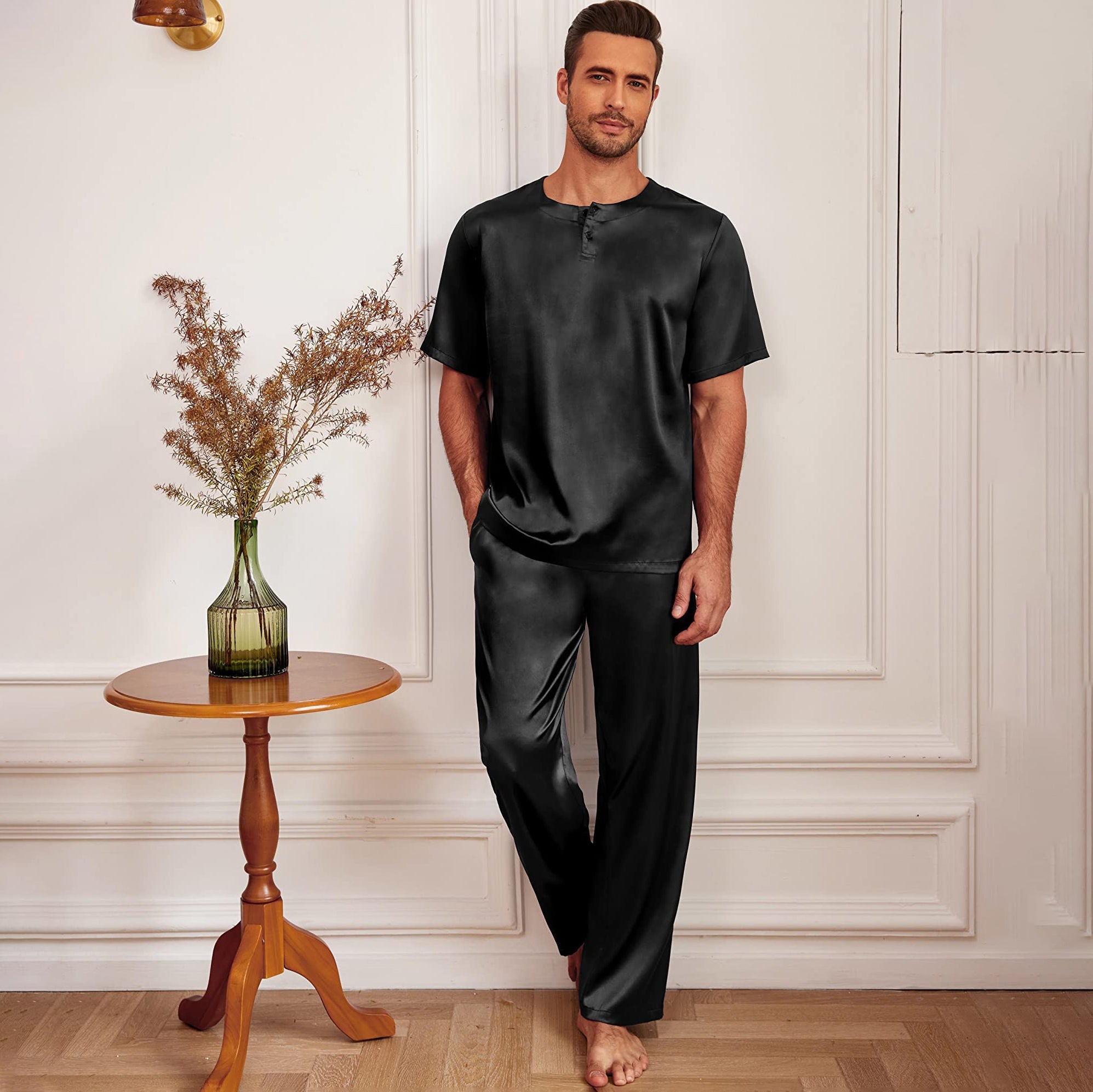 Mens Silk Pajamas with Short Sleeve Henley Top and Full Length Pants Black S