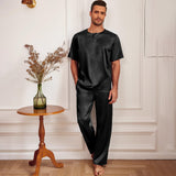 Mens Silk Pajamas with Short Sleeve Henley Top and Full Length Pants Black S