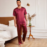 Mens Silk Pajamas with Short Sleeve Henley Top and Full Length Pants Black S