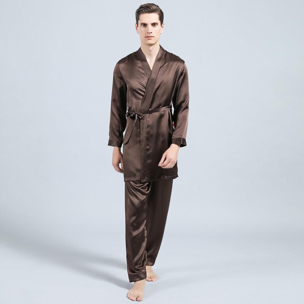Mens Silk Robe and Pajama Set Mens Silk Pajama Pants Silk Two Piece Set Chocolate XS