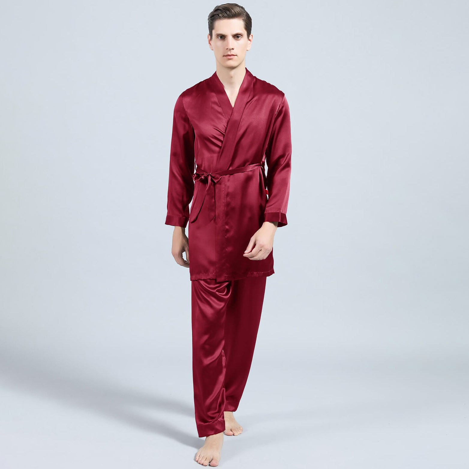 Mens Silk Robe and Pajama Set Mens Silk Pajama Pants Silk Two Piece Set Claret XS