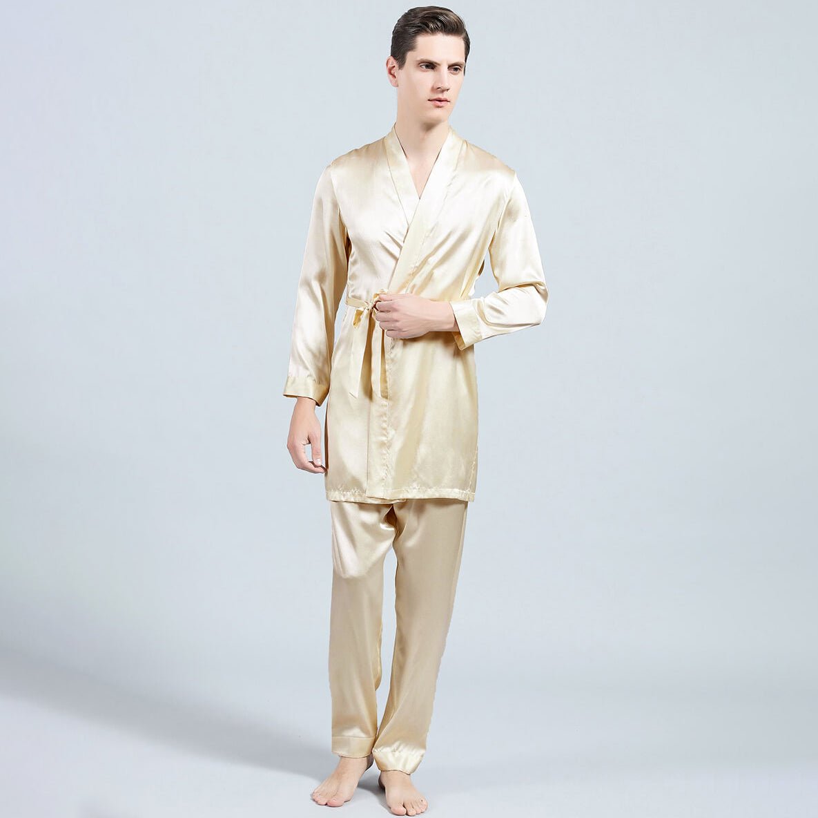 Mens Silk Robe and Pajama Set Mens Silk Pajama Pants Silk Two Piece Set Beige XS