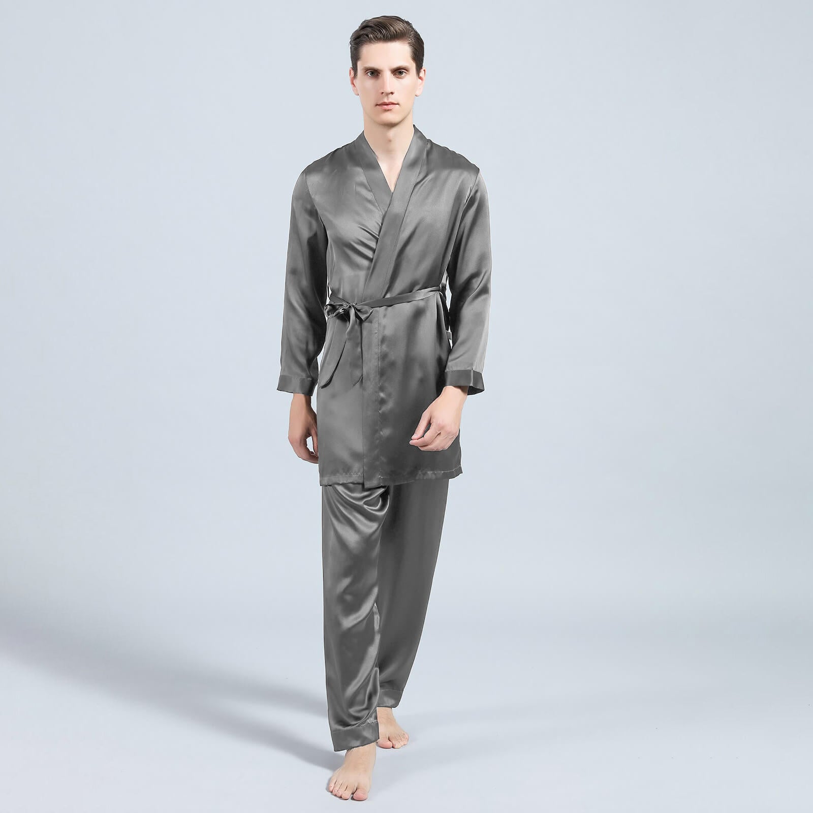 Mens Silk Robe and Pajama Set Mens Silk Pajama Pants Silk Two Piece Set Dark Gray XS