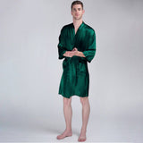 Men's Silk Robe Luxury Pure Silk Kimono Robe With Pockets Green XS
