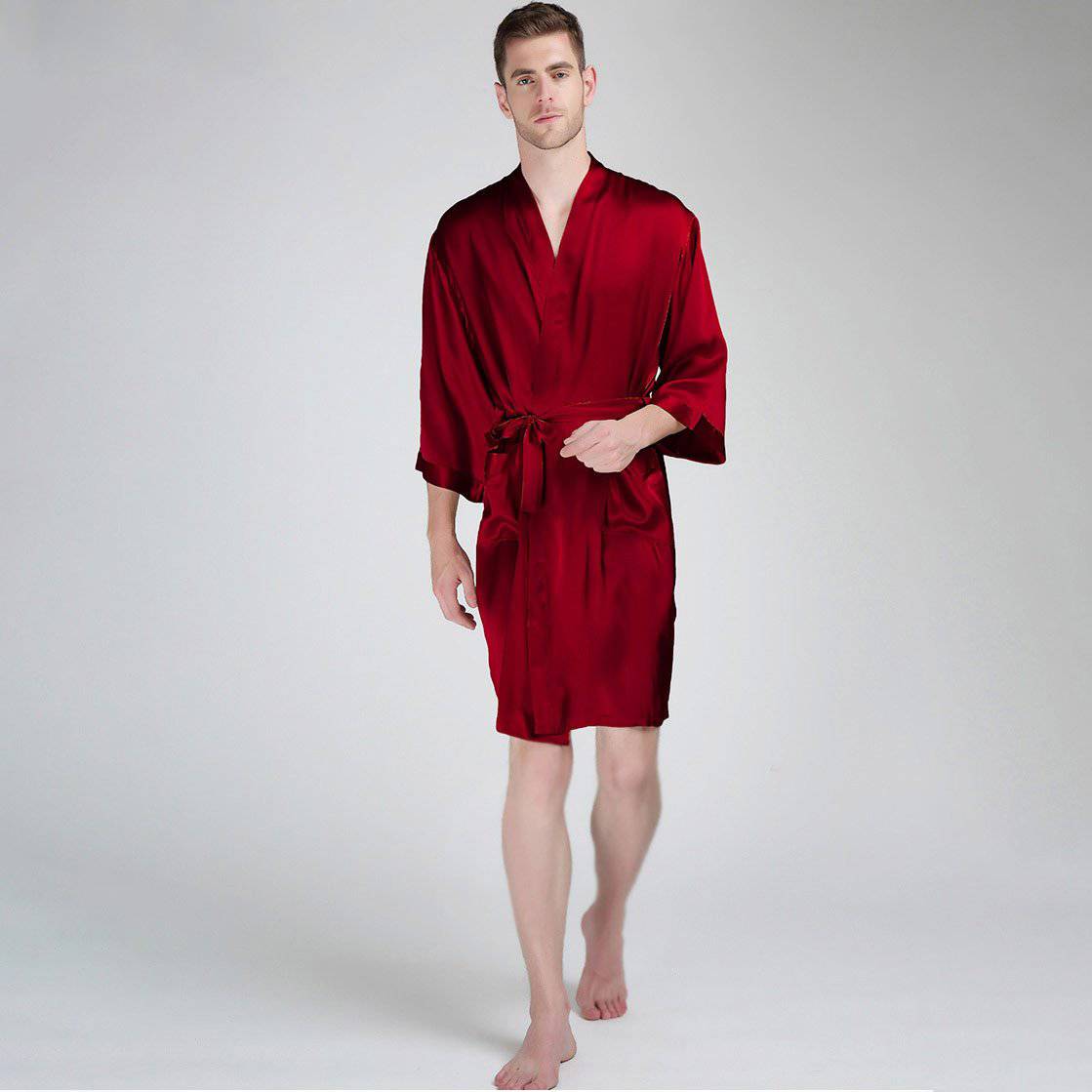 Men's Silk Robe Luxury Pure Silk Kimono Robe With Pockets Claret XS