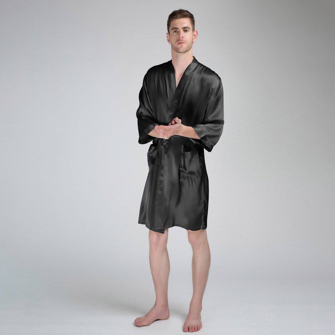 Men's Silk Robe Luxury Pure Silk Kimono Robe With Pockets Black XS