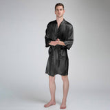Men's Silk Robe Luxury Pure Silk Kimono Robe With Pockets Black XS