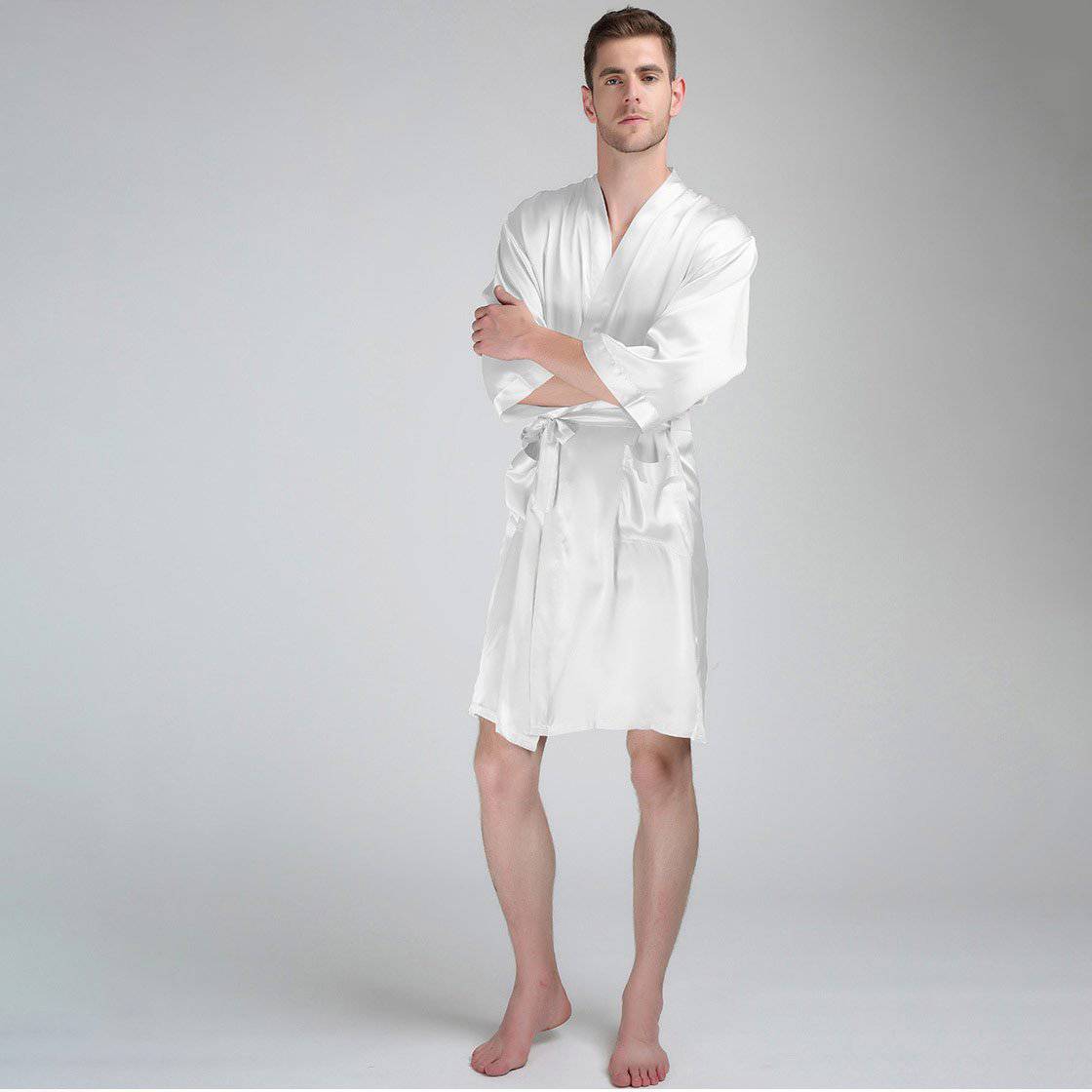 Men's Silk Robe Luxury Pure Silk Kimono Robe With Pockets White XS