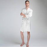 Men's Silk Robe Luxury Pure Silk Kimono Robe With Pockets White XS