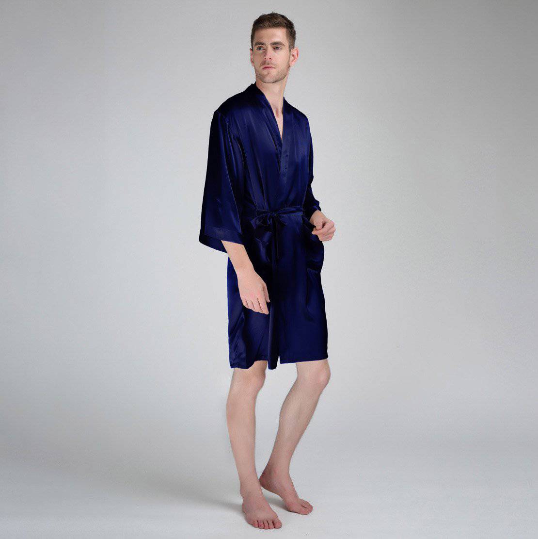 Men's Silk Robe Luxury Pure Silk Kimono Robe With Pockets Navy Blue XS
