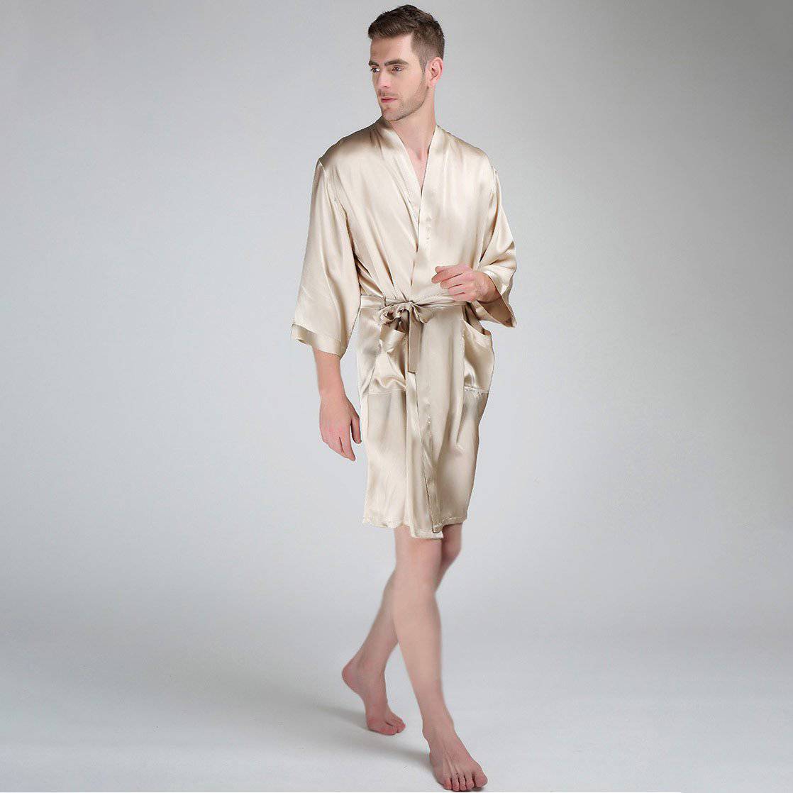Men's Silk Robe Luxury Pure Silk Kimono Robe With Pockets Beige XS