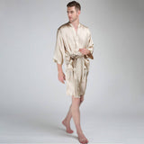 Men's Silk Robe Luxury Pure Silk Kimono Robe With Pockets Beige XS