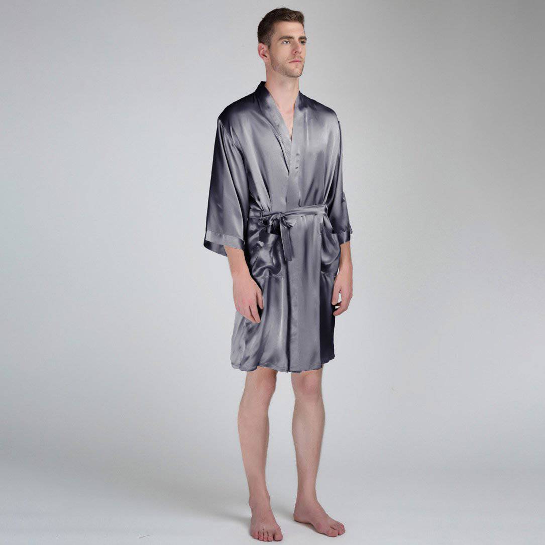 Men's Silk Robe Luxury Pure Silk Kimono Robe With Pockets Dark Gray XS