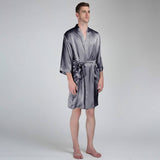Men's Silk Robe Luxury Pure Silk Kimono Robe With Pockets Dark Gray XS