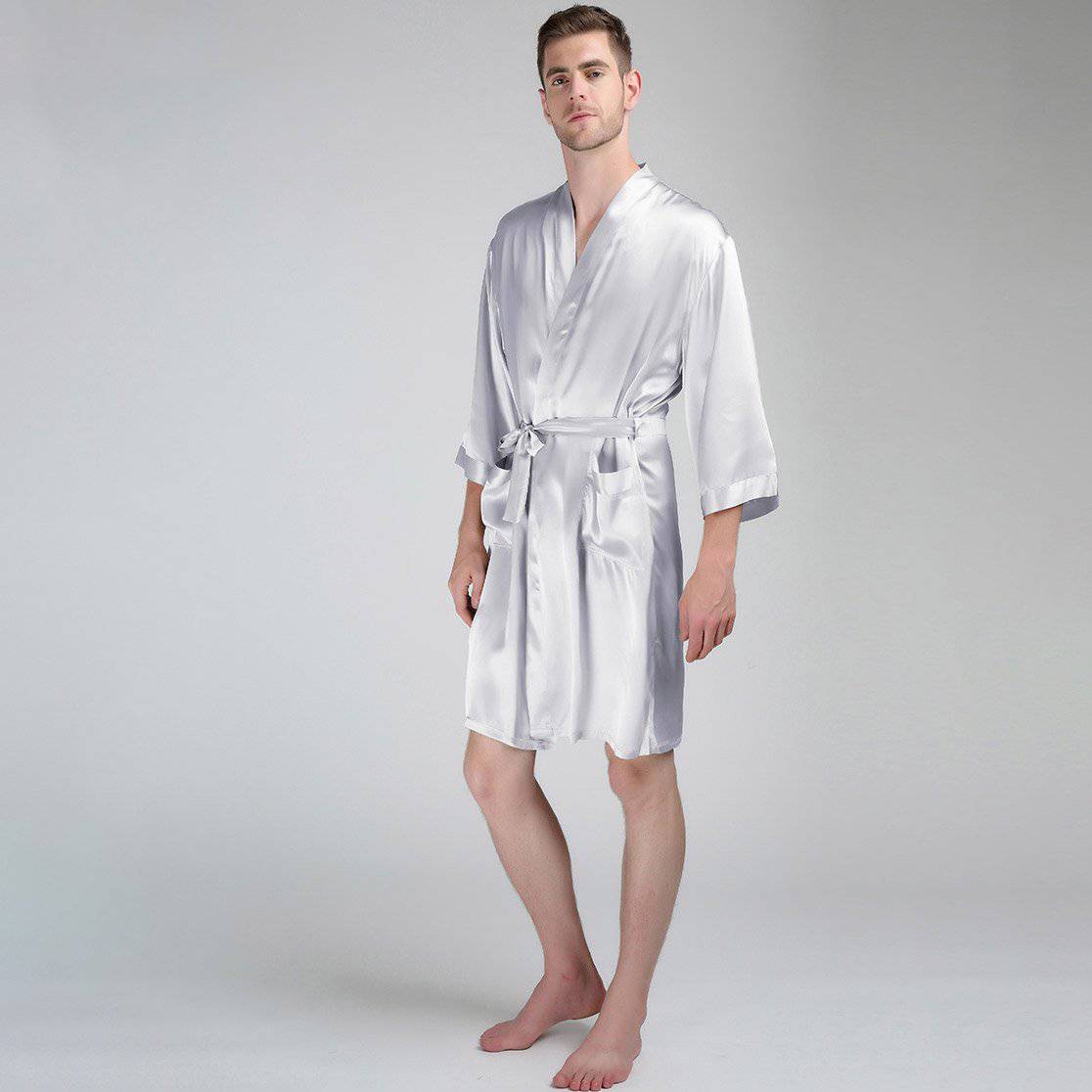 Men's Silk Robe Luxury Pure Silk Kimono Robe With Pockets Silver Gray XS
