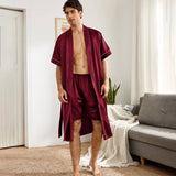 Mens Silk Robe and Shorts Set with Contrast Piping and Short Sleeves Claret XS