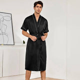 Mens Silk Robe and Shorts Set with Contrast Piping and Short Sleeves Black XS