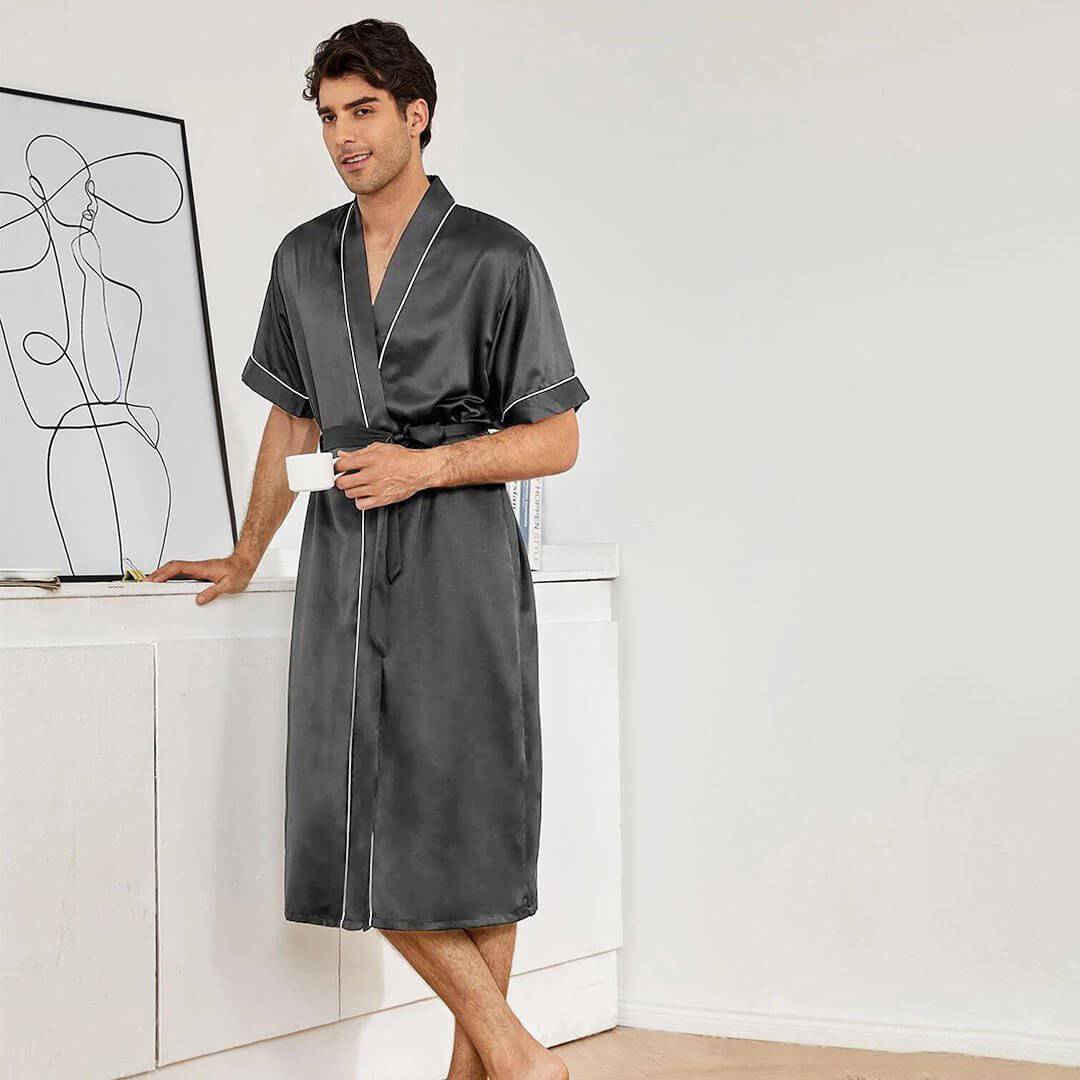 Mens Silk Robe and Shorts Set with Contrast Piping and Short Sleeves Dark Gray XS