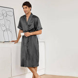 Mens Silk Robe and Shorts Set with Contrast Piping and Short Sleeves Dark Gray XS