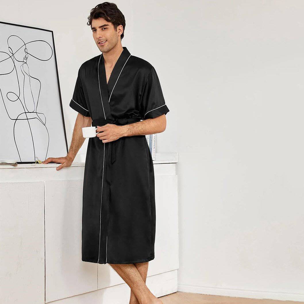 Mens Silk Robe and Shorts Set with Contrast Piping and Short Sleeves Black XS