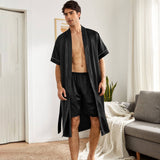 Mens Silk Robe and Shorts Set with Contrast Piping and Short Sleeves Black XS