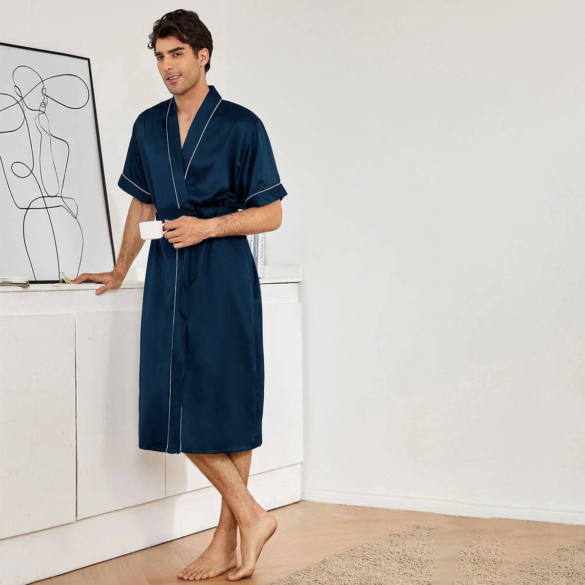 Mens Silk Robe and Shorts Set with Contrast Piping and Short Sleeves Dark Gray XS