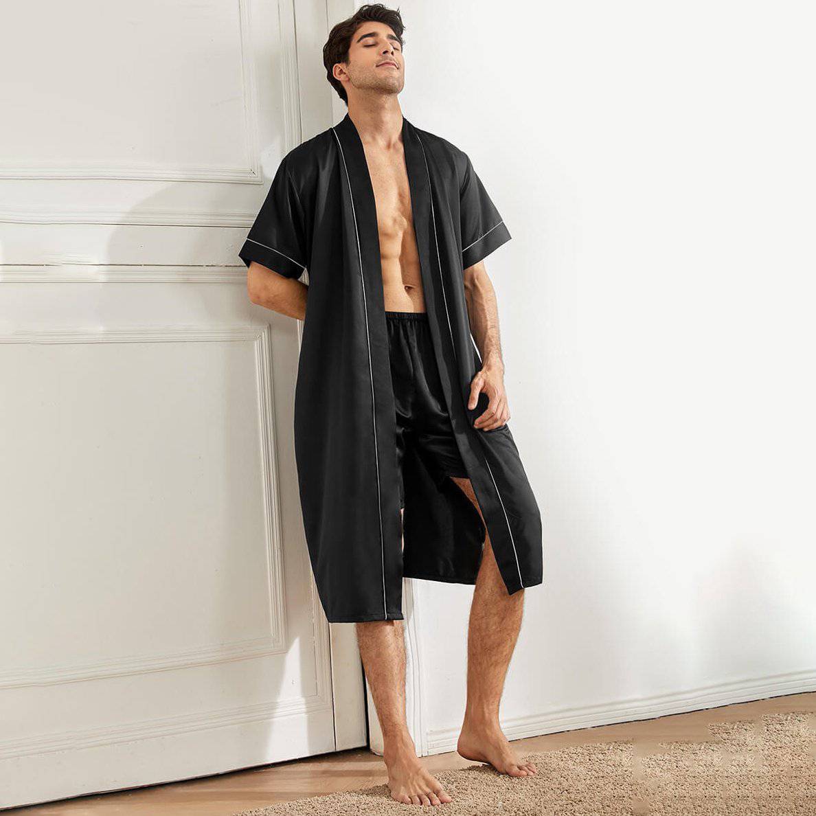 Mens Silk Robe and Shorts Set with Contrast Piping and Short Sleeves Black XS