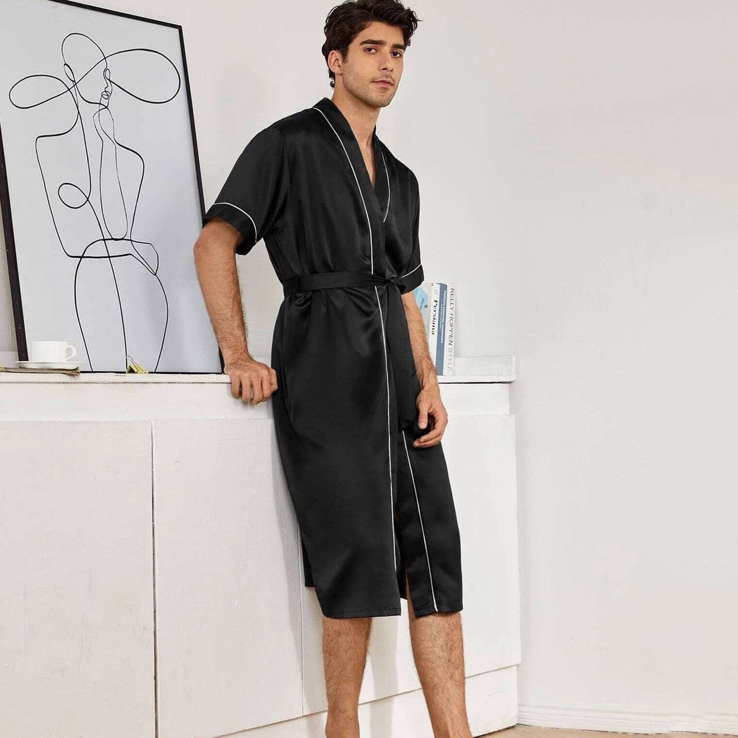 Mens Silk Robe and Shorts Set with Contrast Piping and Short Sleeves Black XS