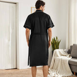 Mens Silk Robe and Shorts Set with Contrast Piping and Short Sleeves Black XS