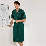 Mens Silk Robe and Shorts Set with Contrast Piping and Short Sleeves Dark Gray XS