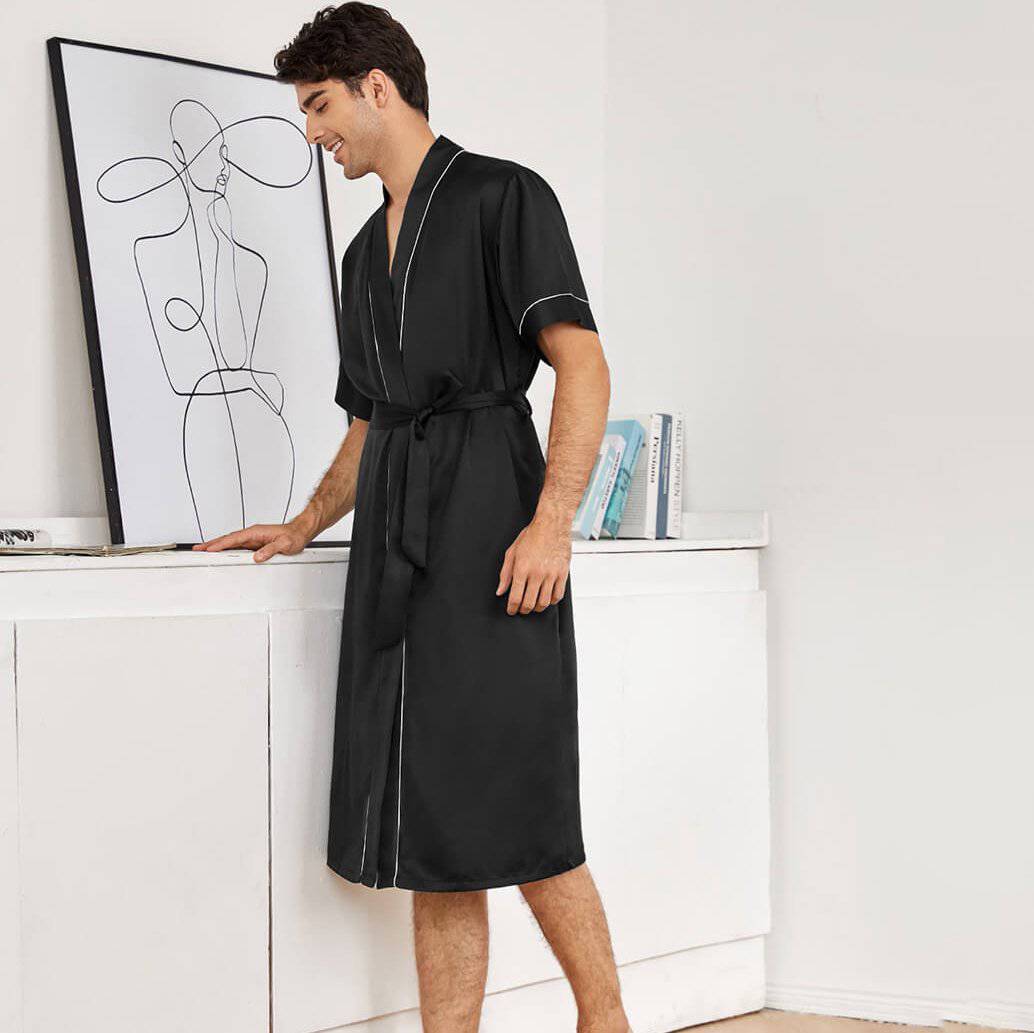 Mens Silk Robe and Shorts Set with Contrast Piping and Short Sleeves Black XS