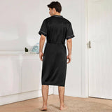 Mens Silk Robe and Shorts Set with Contrast Piping and Short Sleeves Black XS