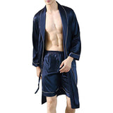 Mens Silk Robe and Silk Boxers Set Contrast Trim Silk Two Piece Set Navy Blue XS