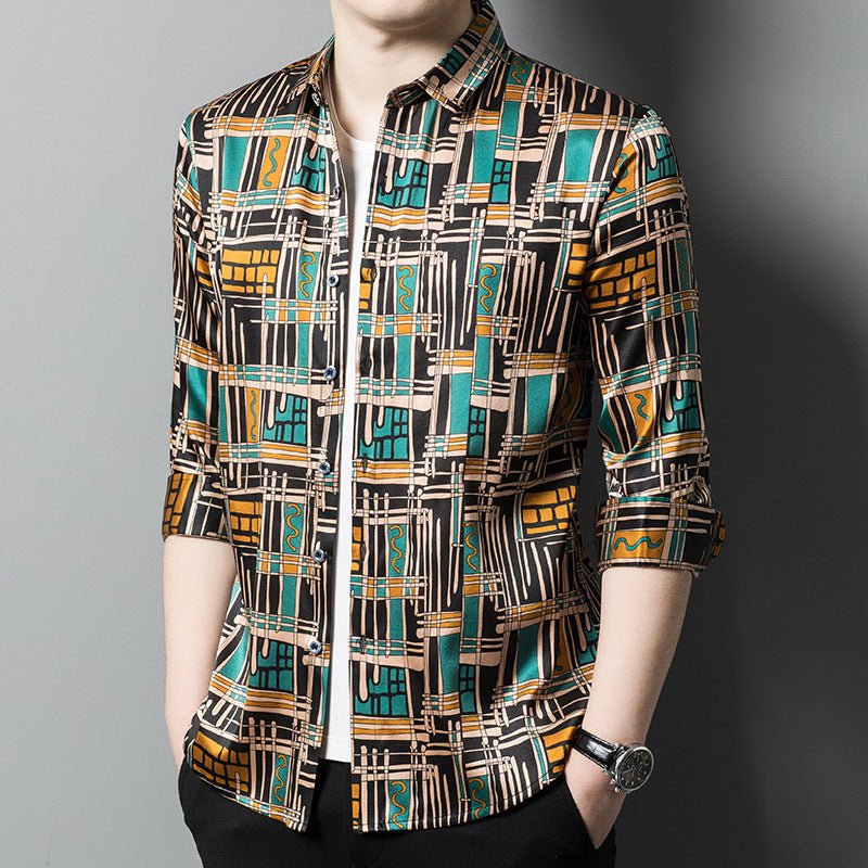 Mens Silk Shirts Geometric Print Retro Art Silk Dress Shirts Black XS