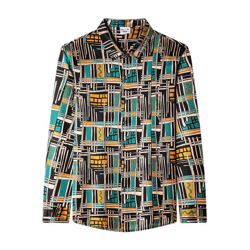 Mens Silk Shirts Geometric Print Retro Art Silk Dress Shirts Black XS
