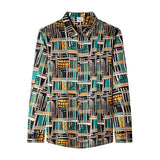 Mens Silk Shirts Geometric Print Retro Art Silk Dress Shirts Black XS