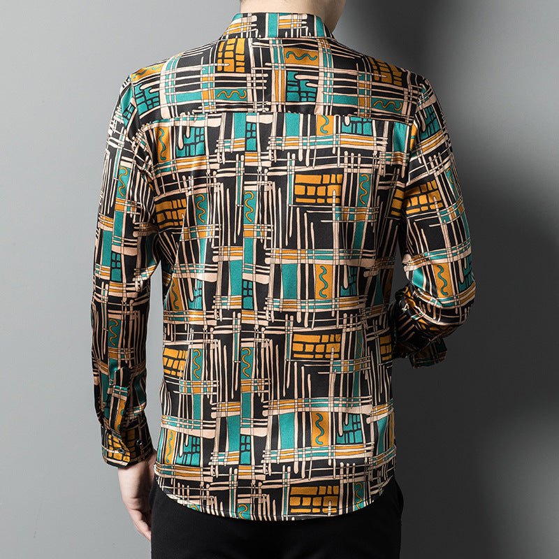 Mens Silk Shirts Geometric Print Retro Art Silk Dress Shirts Black XS