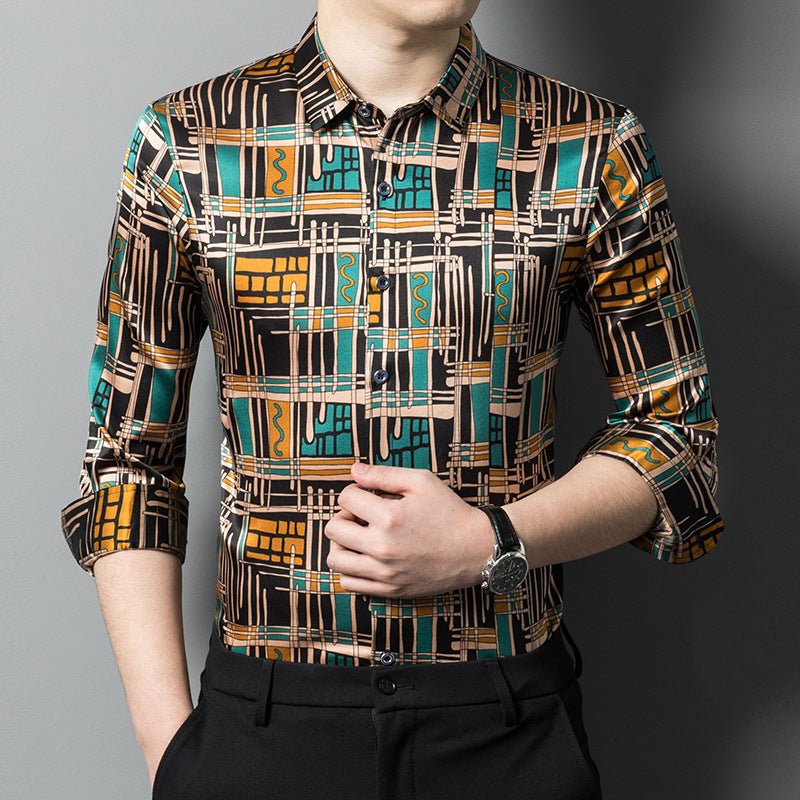 Mens Silk Shirts Geometric Print Retro Art Silk Dress Shirts Black XS