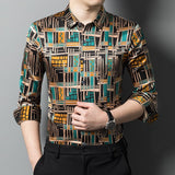 Mens Silk Shirts Geometric Print Retro Art Silk Dress Shirts Black XS