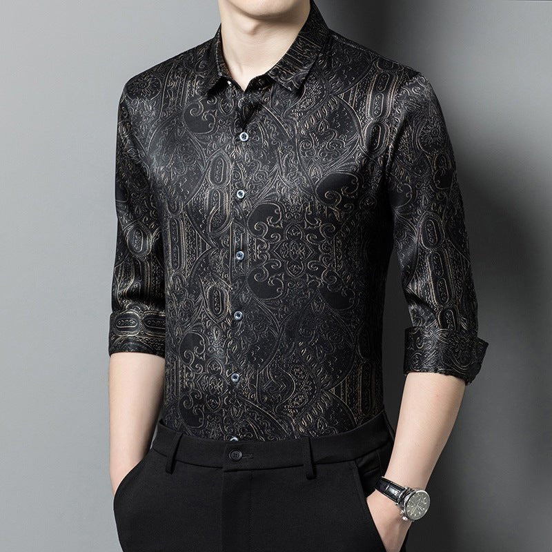 Mens Silk Shirts Long Sleeve Silk Baroque Pattern Dress Shirt Black XS