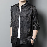 Mens Silk Shirts Long Sleeve Silk Baroque Pattern Dress Shirt Black XS