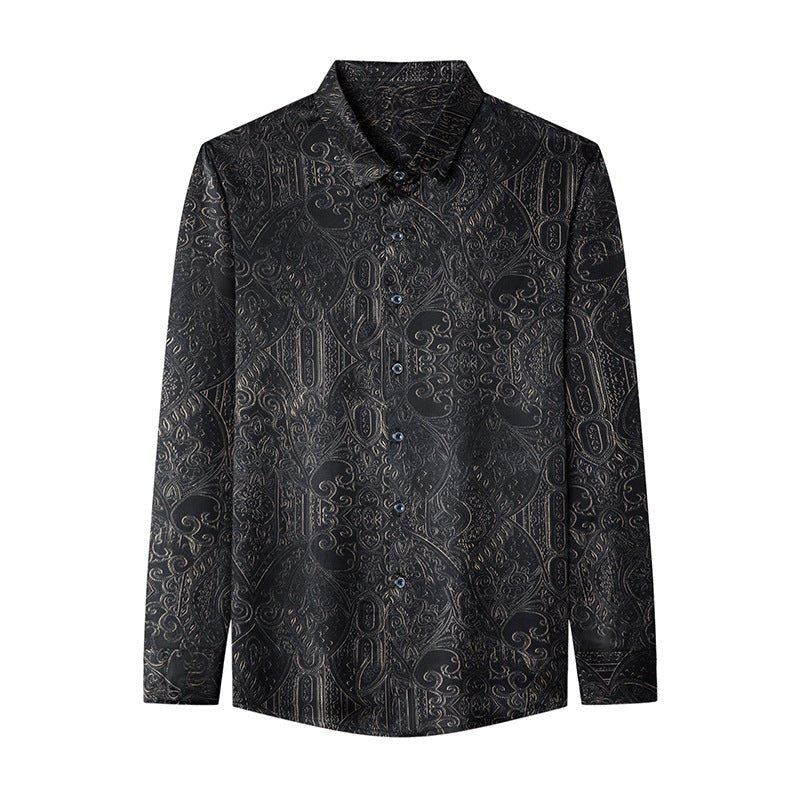 Mens Silk Shirts Long Sleeve Silk Baroque Pattern Dress Shirt Black XS