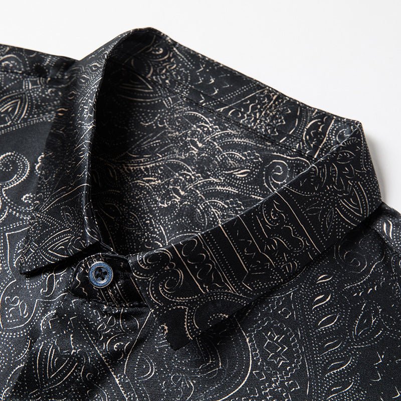 Mens Silk Shirts Long Sleeve Silk Baroque Pattern Dress Shirt Black XS