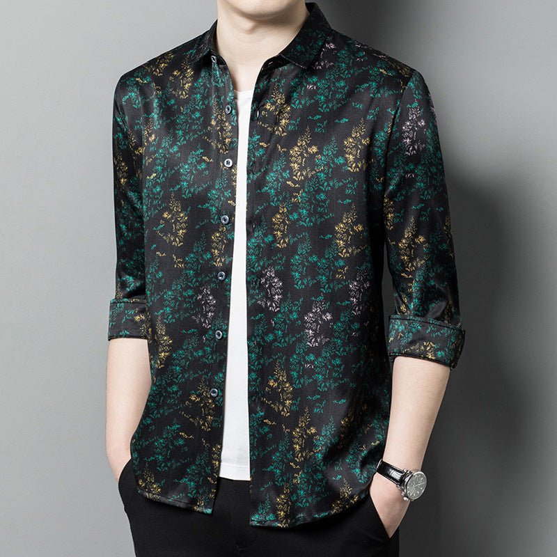 Mens Silk Shirts Long Sleeve Silk Botanical Print Dress Shirt Black XS