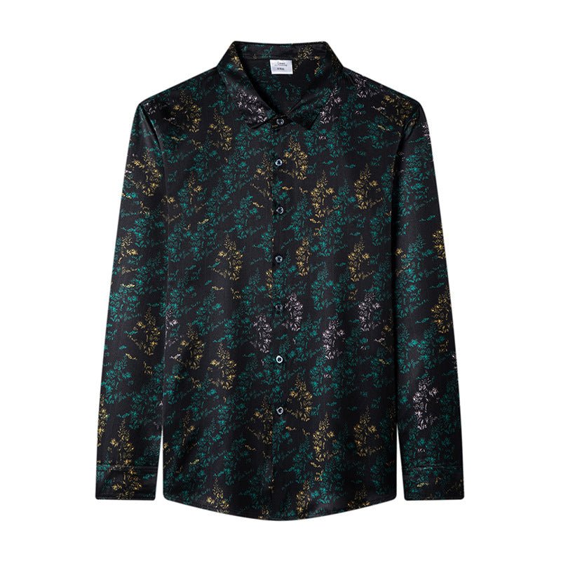 Mens Silk Shirts Long Sleeve Silk Botanical Print Dress Shirt Black XS