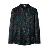 Mens Silk Shirts Long Sleeve Silk Botanical Print Dress Shirt Black XS