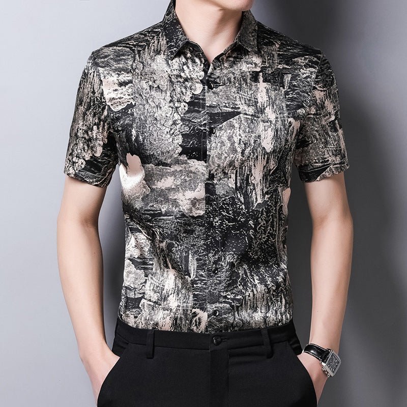 Mens Silk Shirts Short Sleeve Abstract Print Button Up Front Silk Dress Shirt XS Black