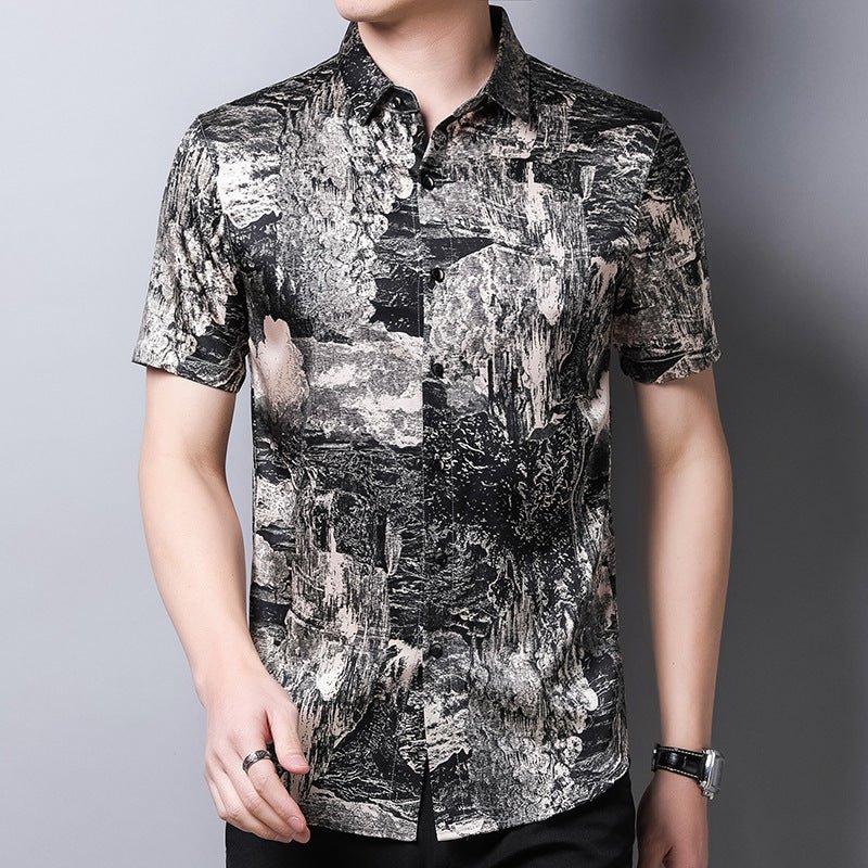 Mens Silk Shirts Short Sleeve Abstract Print Button Up Front Silk Dress Shirt XS Black